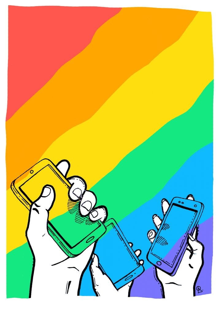 Rainbow flag background with mobile phones held up against it