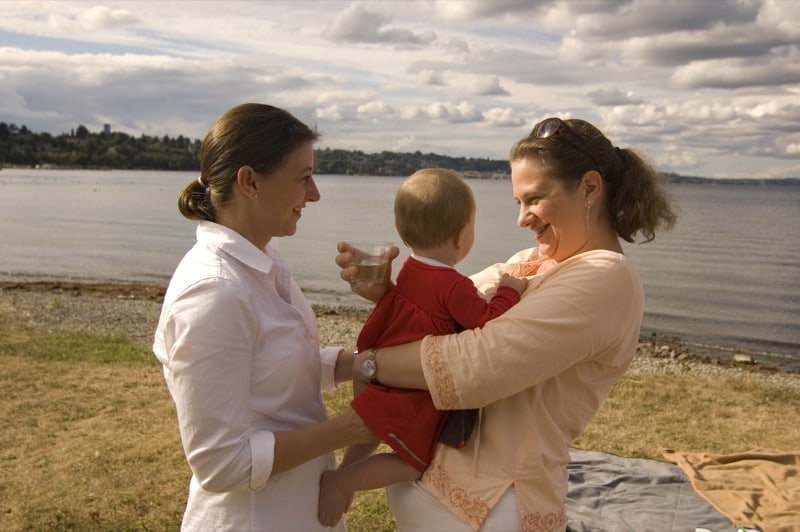 Two women with baby by river